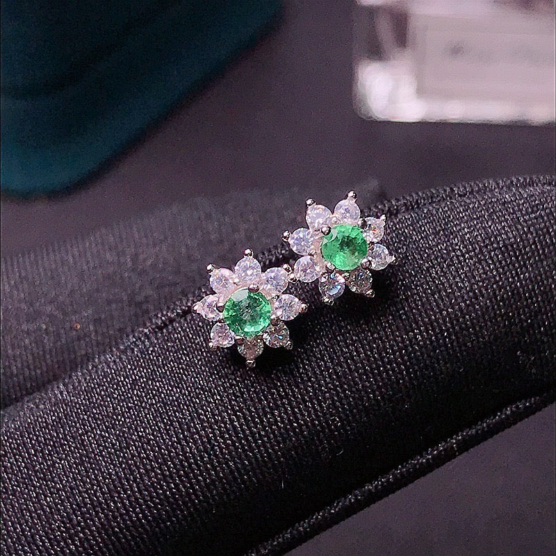 Platinum Emerald Crystal Flower Earrings