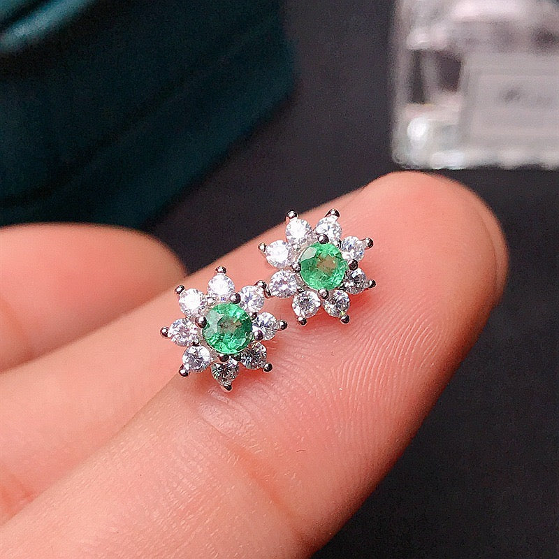 Platinum Emerald Flower Stud Earrings