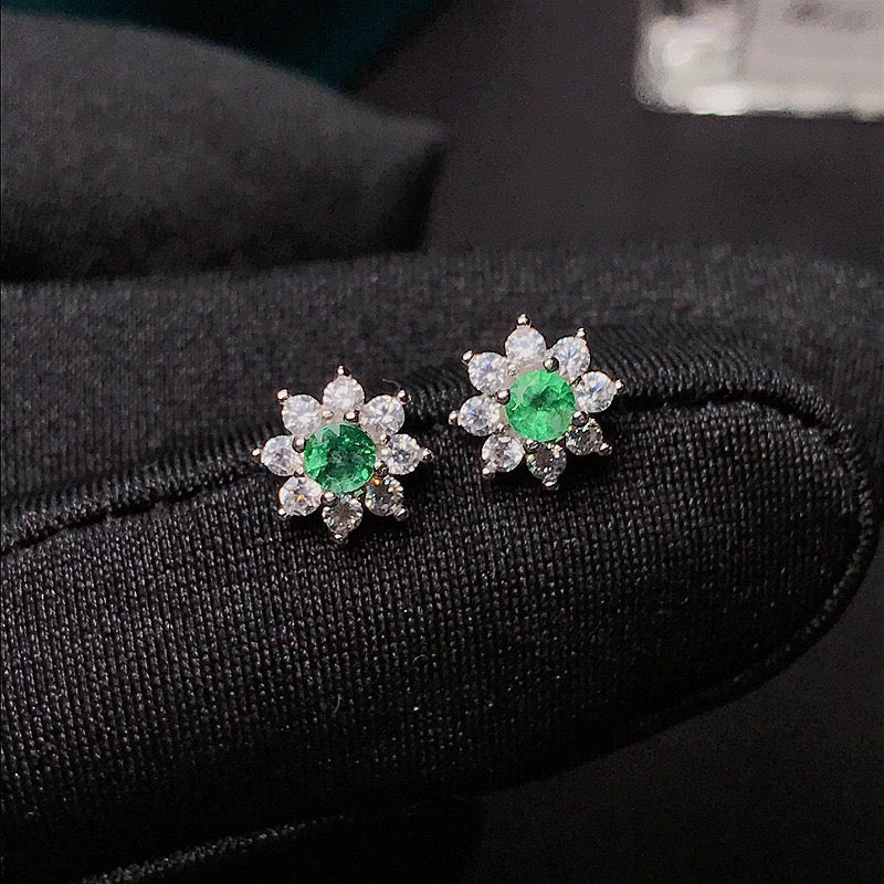 Platinum Green Crystal Flower Earrings