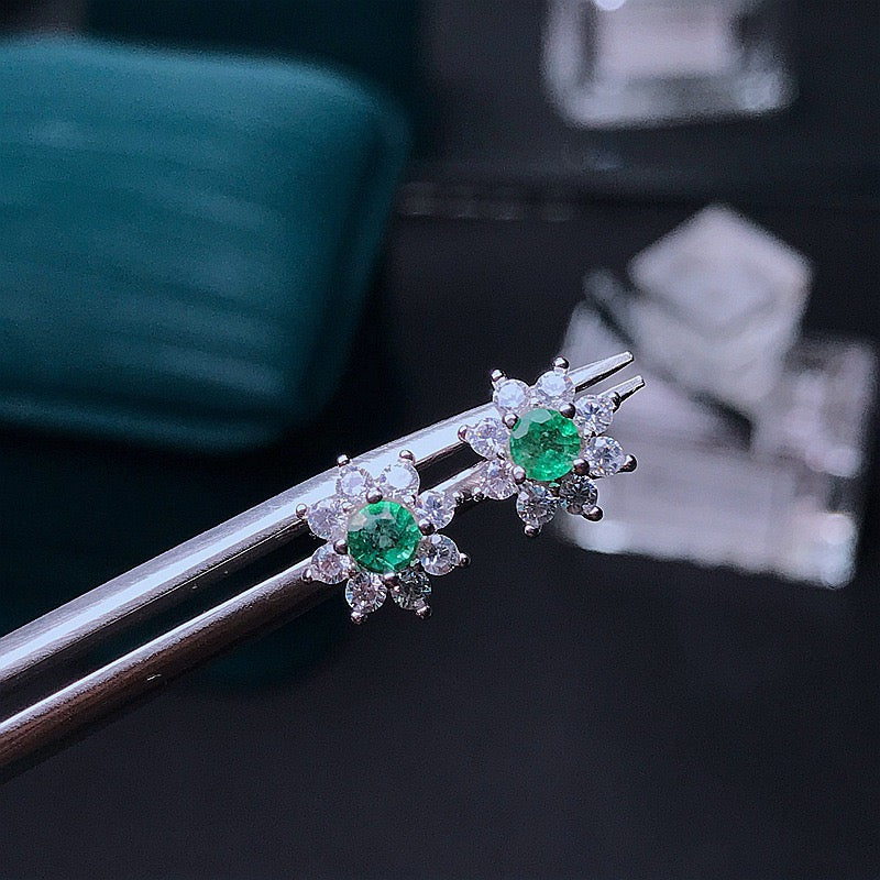 Platinum Green Gemstone Flower Earrings