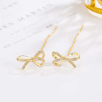 Gold Bow Threader Earrings, Ribbon Earrings, Tassel Fringe Earrings