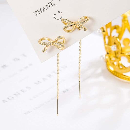 Gold Bow Threader Earrings, Ribbon Earrings, Tassel Fringe Earrings