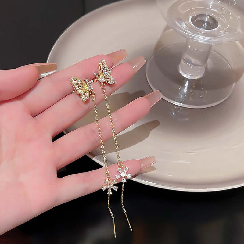 Gold Floral Chain Threader Earrings, Butterfly Chain Earrings