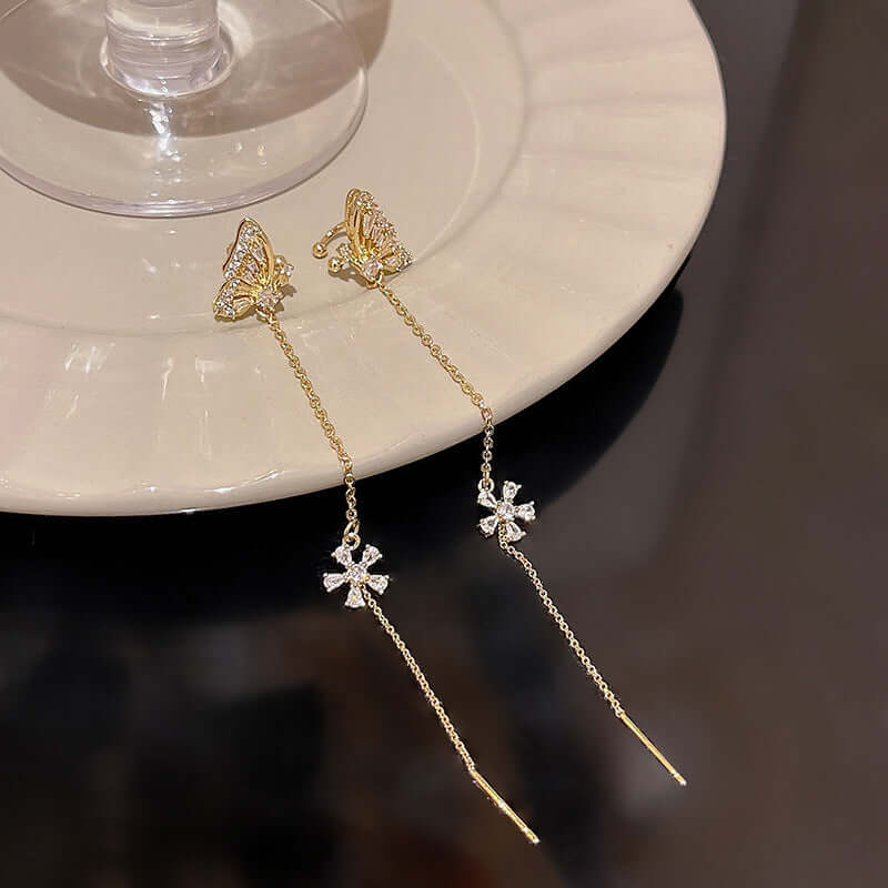 Gold Floral Chain Threader Earrings, Butterfly Chain Earrings