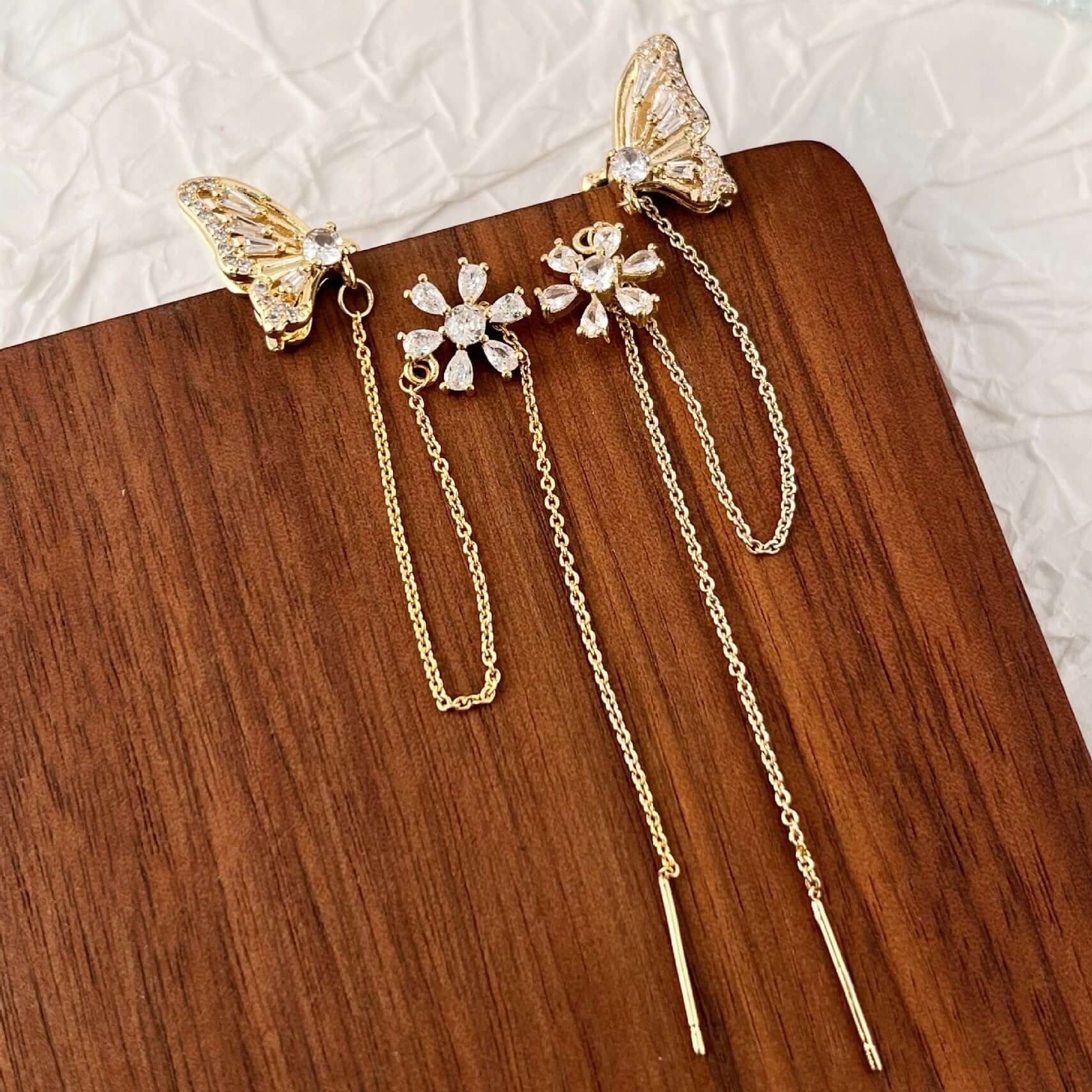 Gold Floral Chain Threader Earrings, Butterfly Chain Earrings