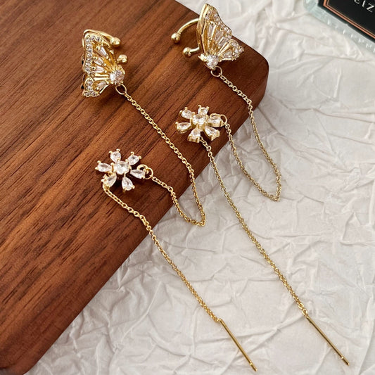 Gold Floral Chain Threader Earrings, Butterfly Chain Earrings