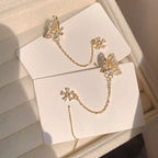 Gold Floral Chain Threader Earrings, Butterfly Chain Earrings
