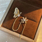 Gold Floral Chain Threader Earrings, Butterfly Chain Earrings
