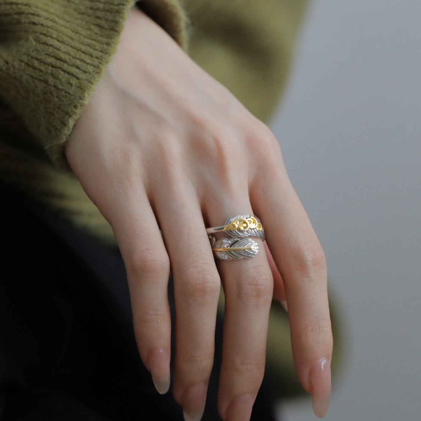 Two Tone Feather Ring Wrap Ring Angel Wing Ring