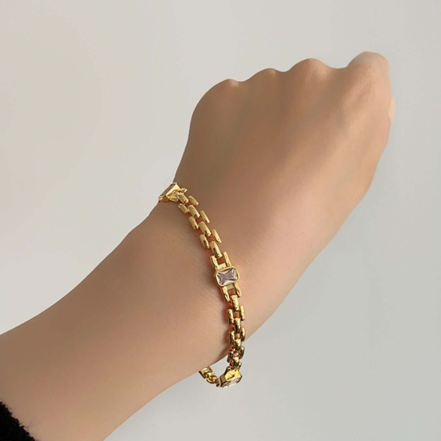 18K Gold CZ Watchband Chain Bracelet