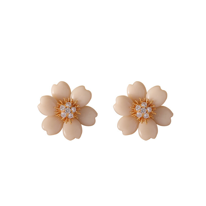 Radiant Beige Flower CZ Earrings
