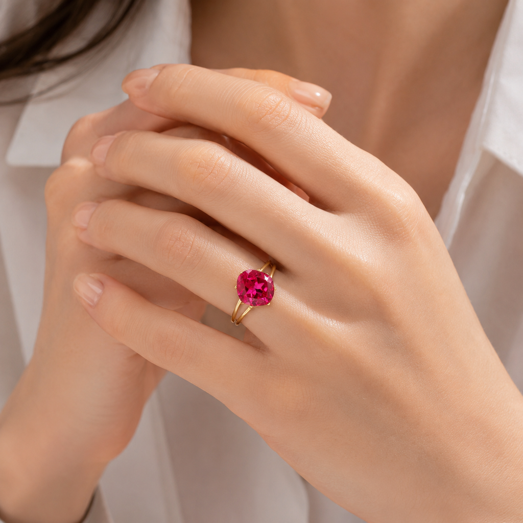 Red Corundum Solitaire Split Ring