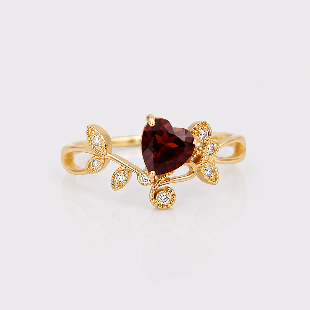 Red Garnet Heart Shaped Olive Branch Spiral Ring