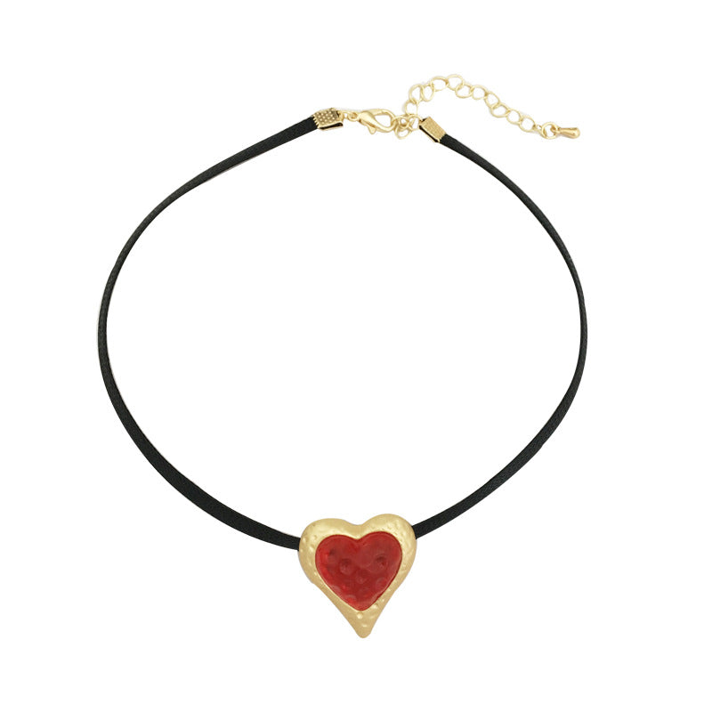 Red Heart Pendant Suede Necklace