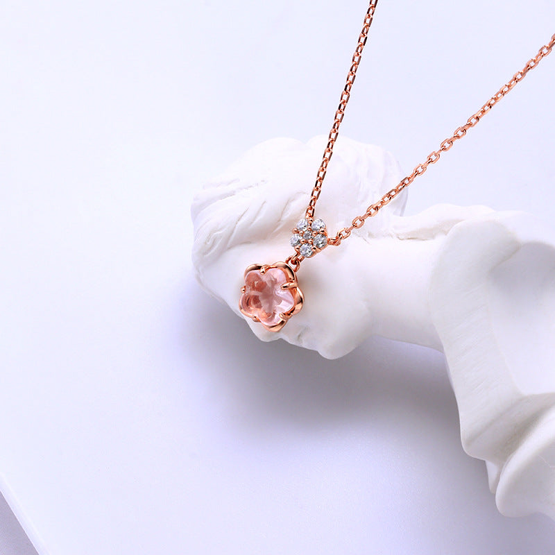 Cherry Blossom Rose Quartz Flower Pendant Necklace