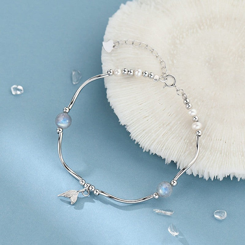 Silver Whale Tail Bracelet, Moon Stone Charm Bracelet, Fairy Bracelet