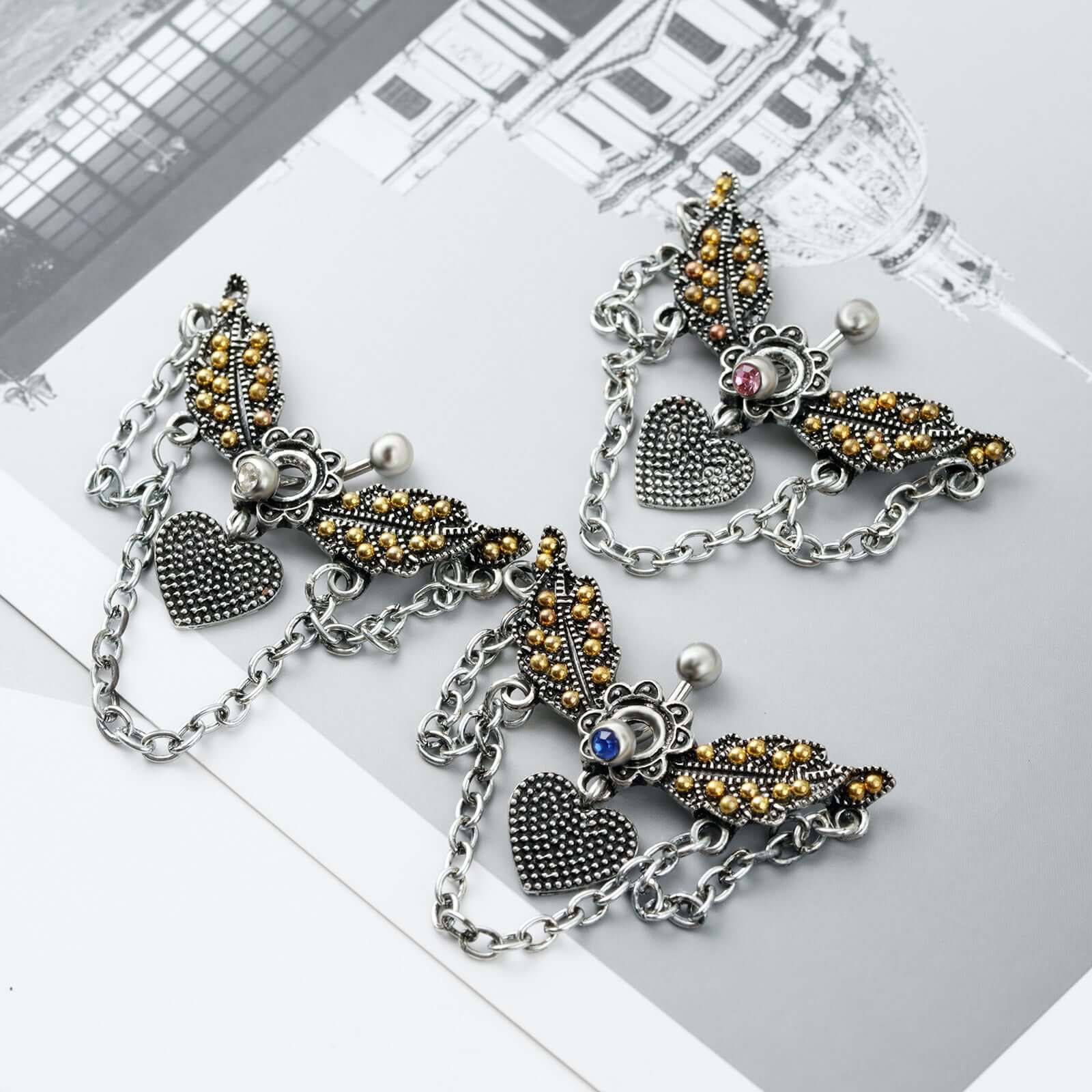 Angel Wings With Chain Dangle Navel Piercing | SX0802