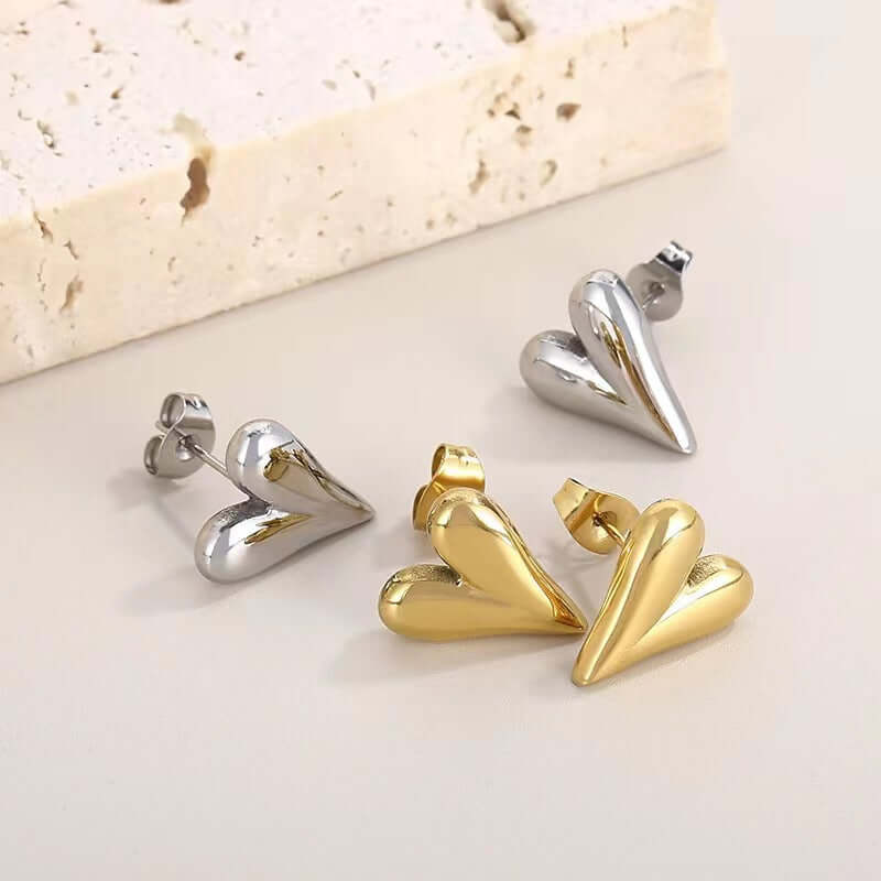 14K Gold Plated Stainless Steel Earrings, Heart Stud Earrings