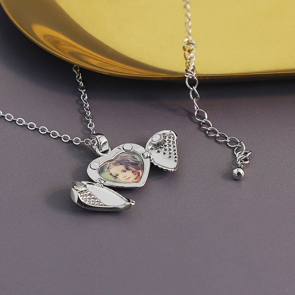 Silver Angel Heart Memory Photo Necklace