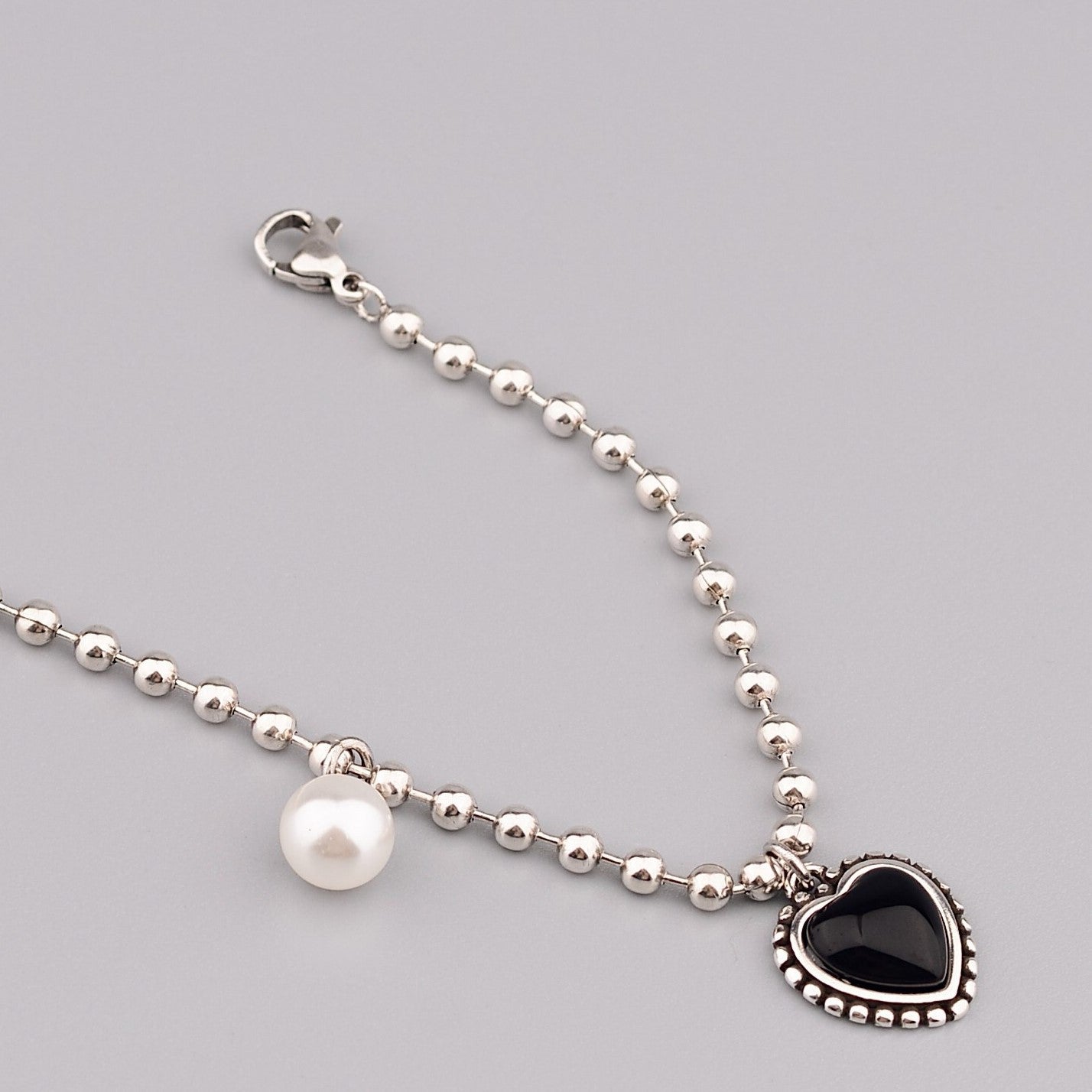 Silver Bead Black Heart Pearl Bracelets