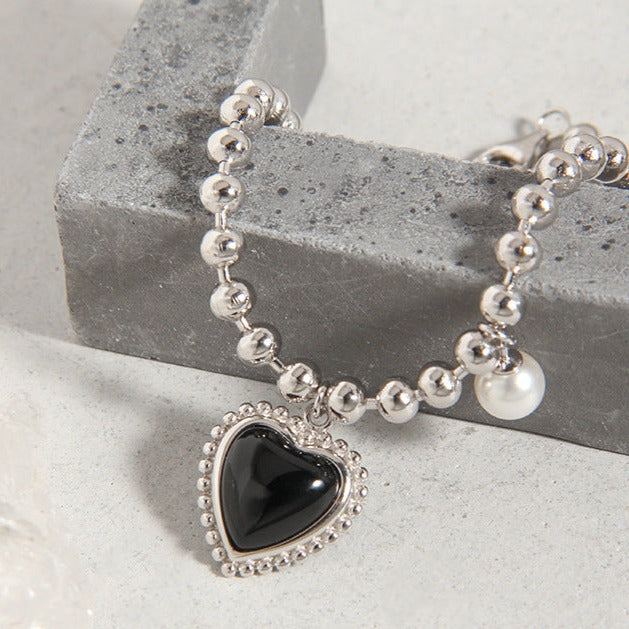 Silver Black Heart Bead Bracelets