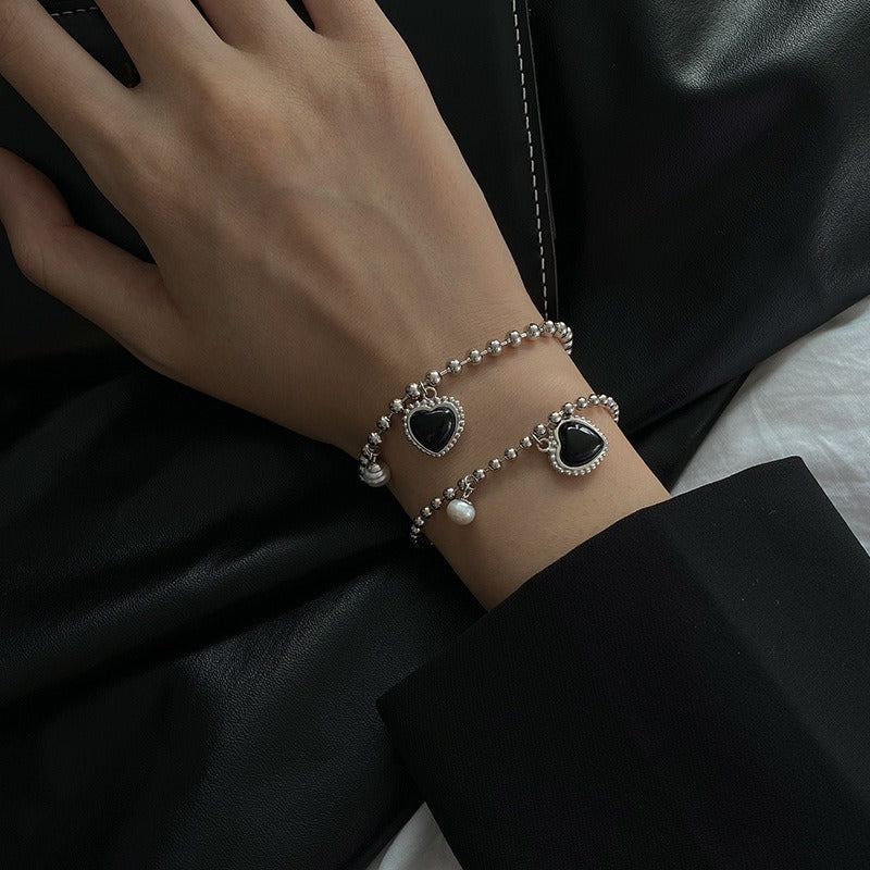 Silver Black Heart Layered Bracelets