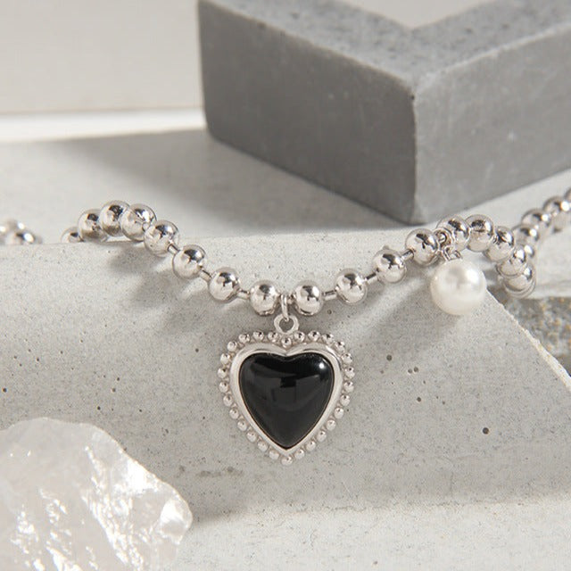 Silver Black Pearl Heart Bead Bracelets