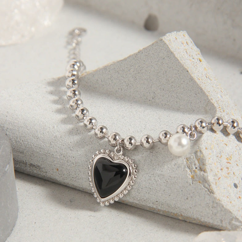 Silver Black Pearl Heart Bracelets