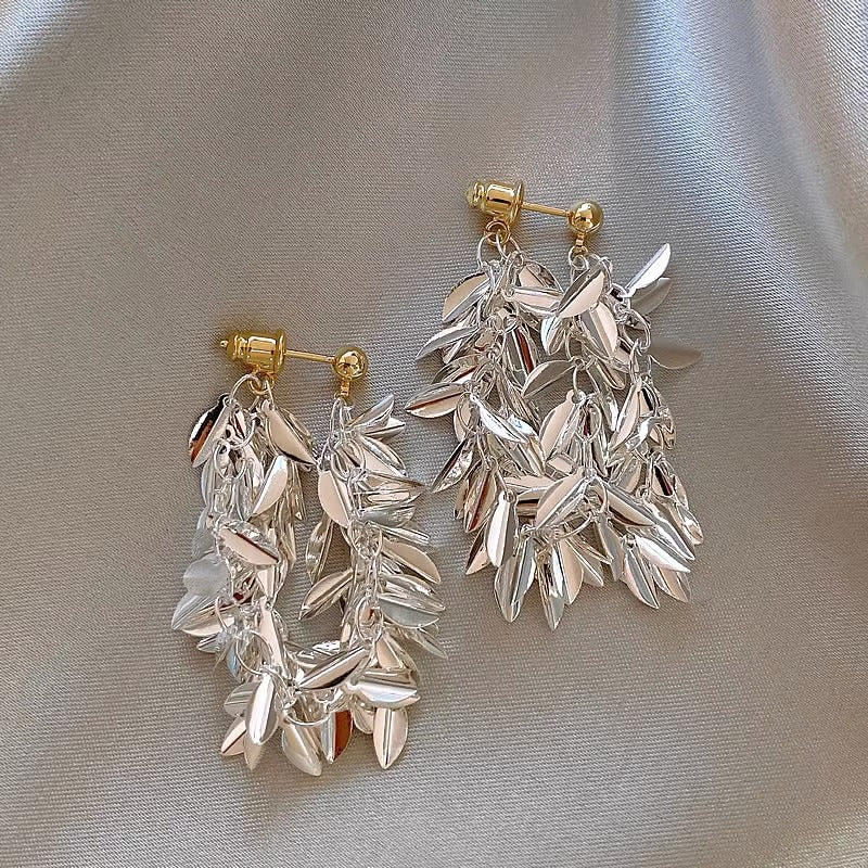 Silver Bling Tassel Leaf Earrings