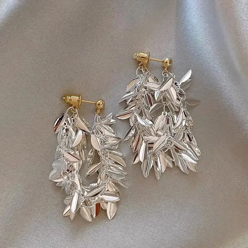 French Sequin Metal Tassel Leaf Drop Earrings