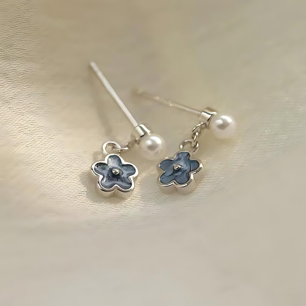 Silver Blue Enamel Flower Pearl Earring