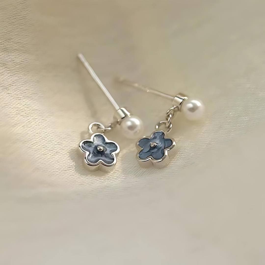 Silver Blue Enamel Flower Pearl Earring