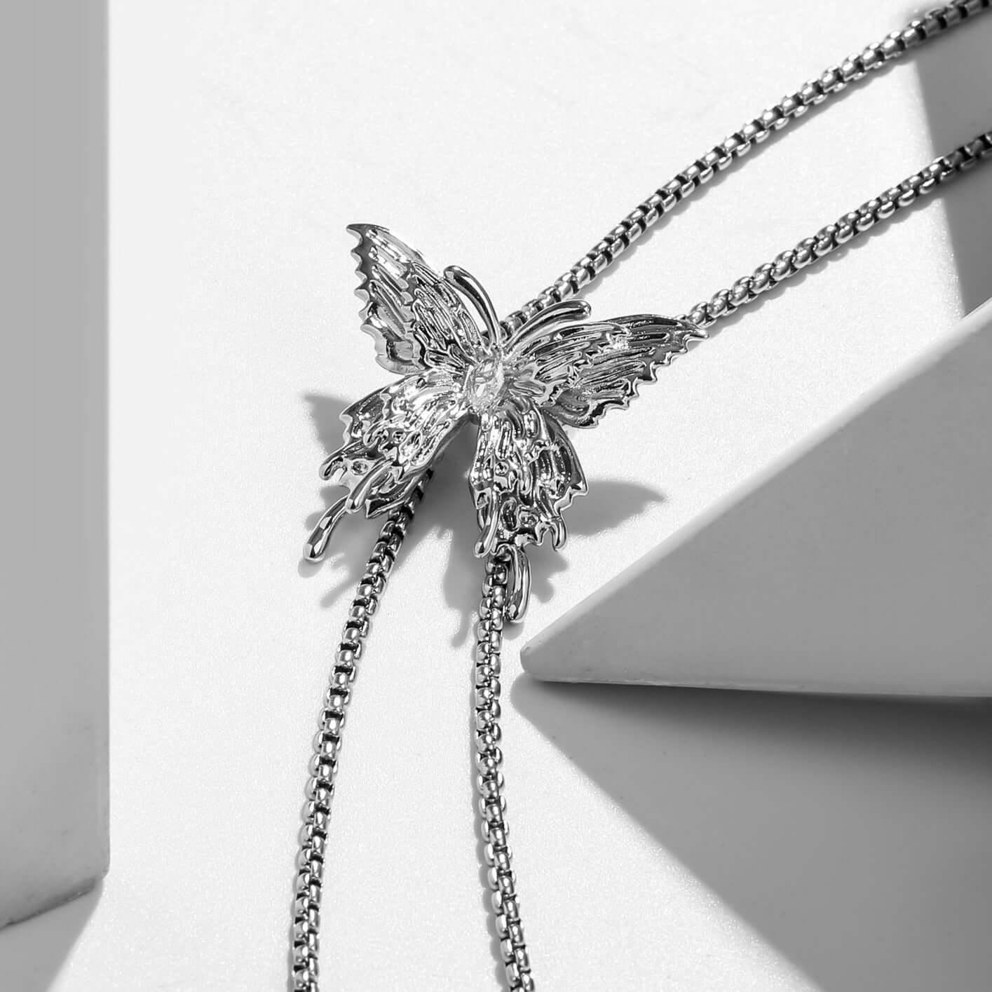 Silver Butterfly Tassel Y Necklace