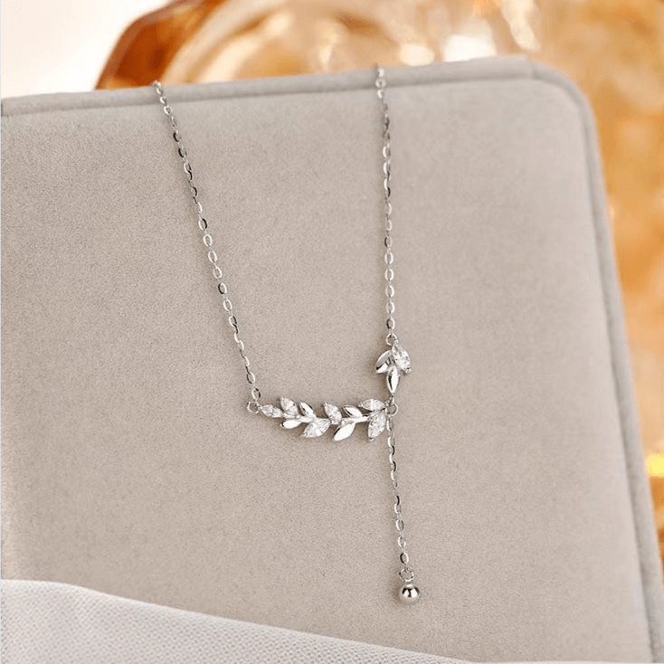 Silver CZ Olive Leaf Y Necklace