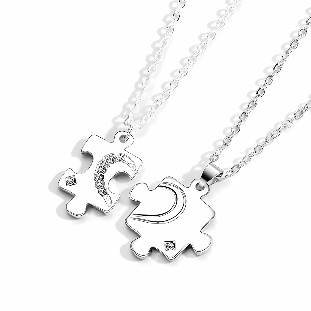 Silver CZ Puzzle Couples Pendant Necklaces