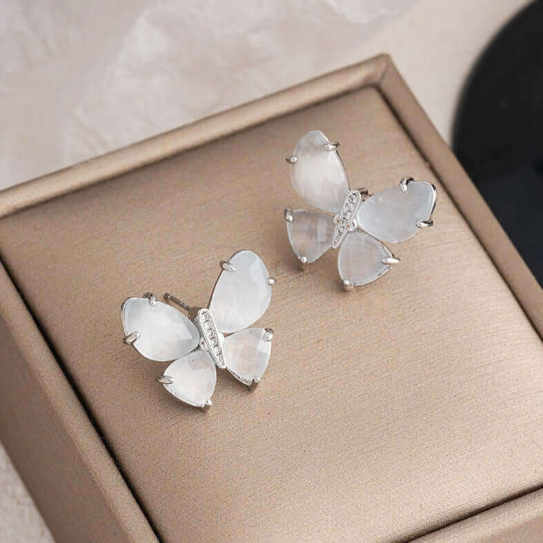 Silver Cat Eye Stone Butterfly Earrings