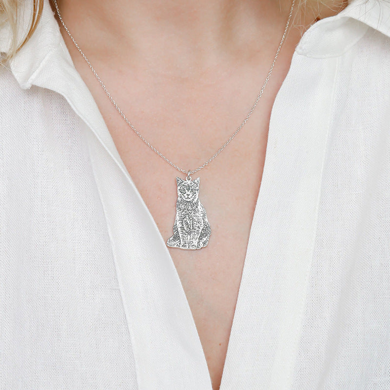 Silver Cat Pet Portrait Necklace