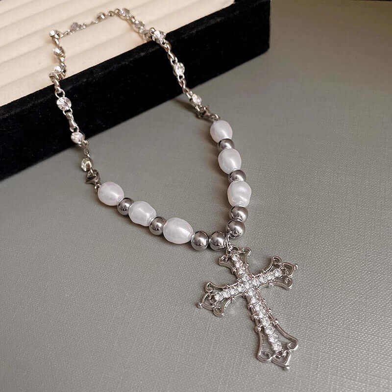 Silver Cross Pendant Pearl Necklace
