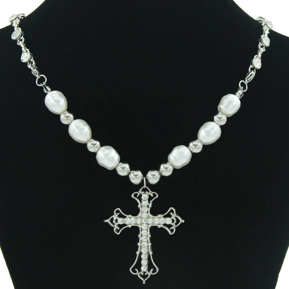 Silver Cross Pearl Necklace