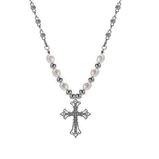 Chunky Cross Necklace Silver Pearl Necklace Punk 