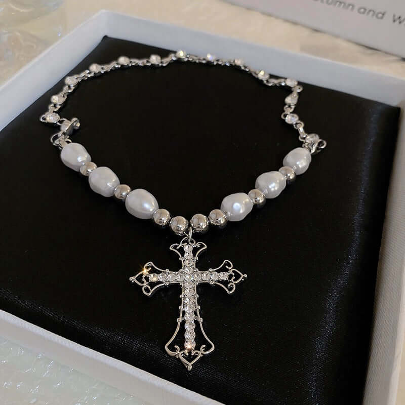 Silver Cross White Pearl Bead Necklace