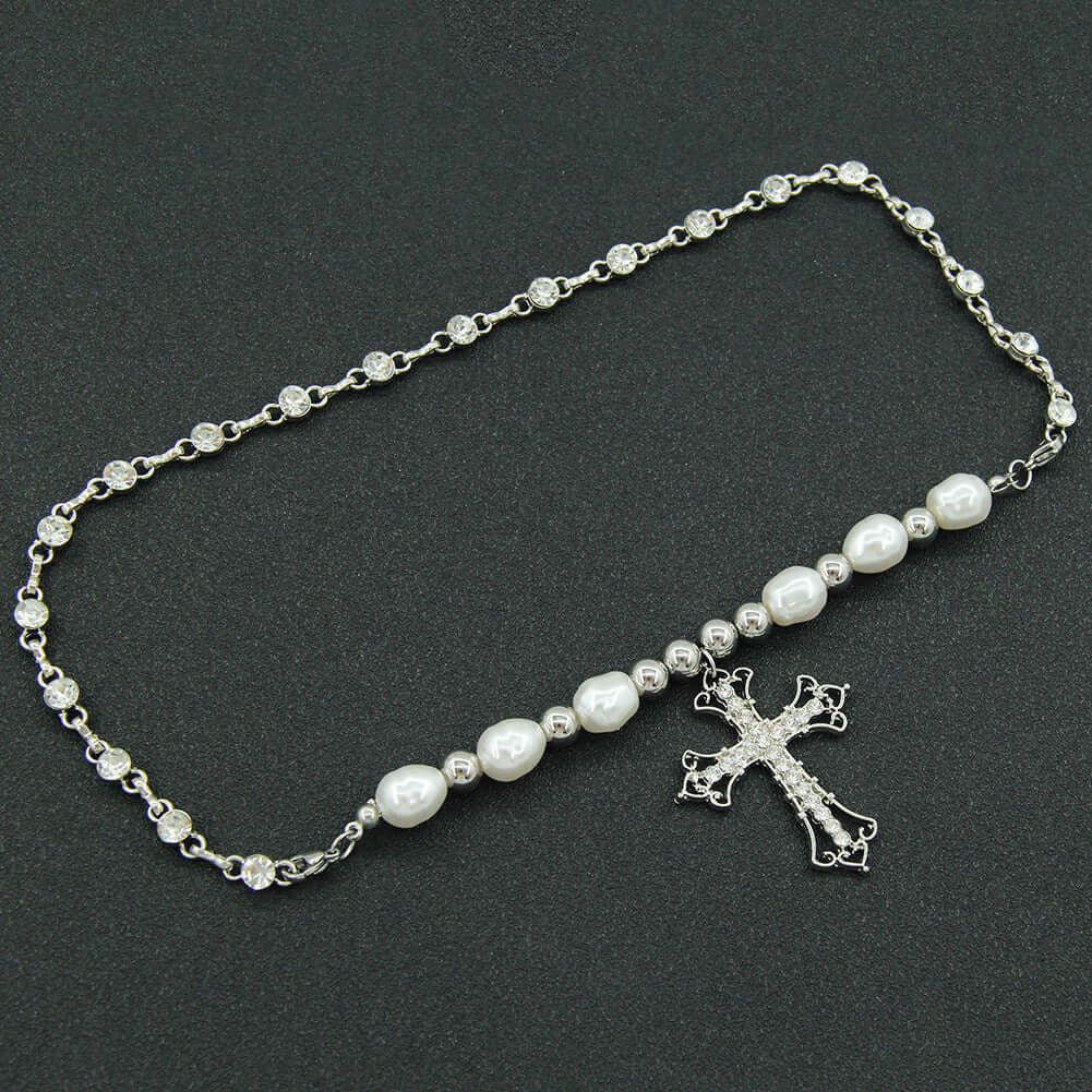 Silver Cross White Pearl Necklace