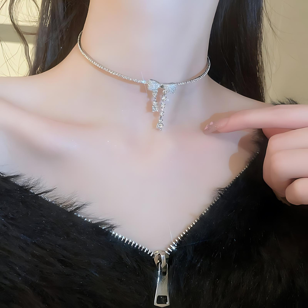 Silver Crystal Bowknot Necklace