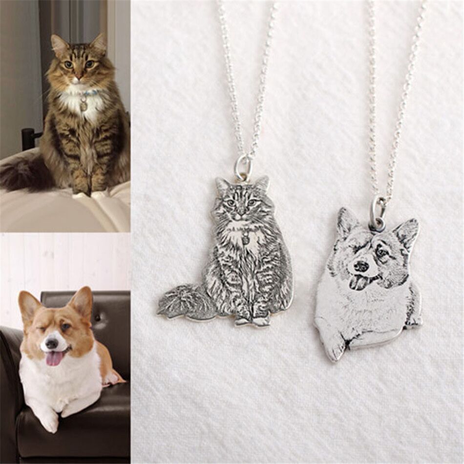 Silver Dog Cat Portrait Pendant Necklace