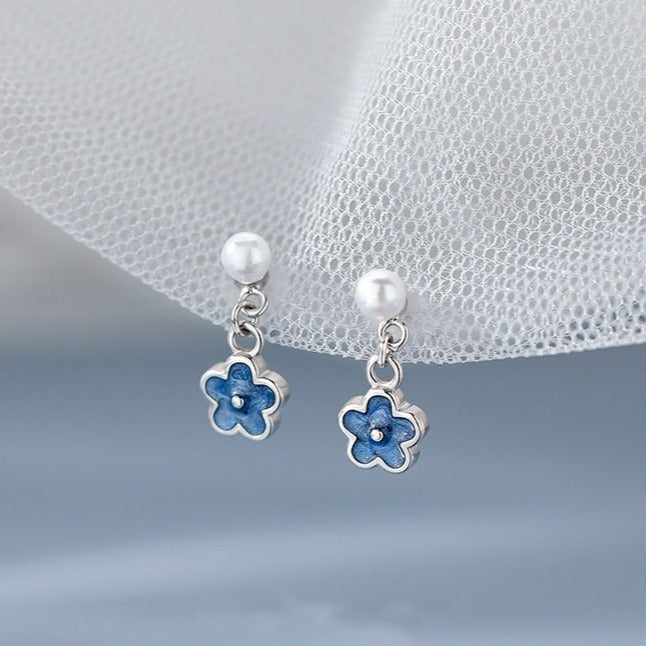 Silver Enamel Flower Pearl Earring