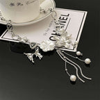 Silver Flower Pearl Crystal Tassel Necklace