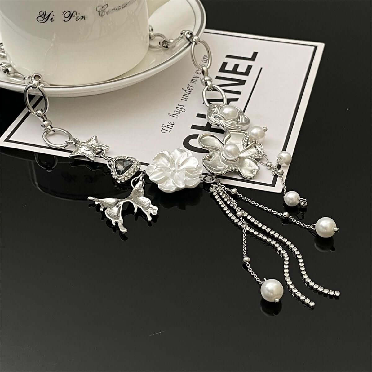 Silver Flower Pearl Crystal Tassel Necklace