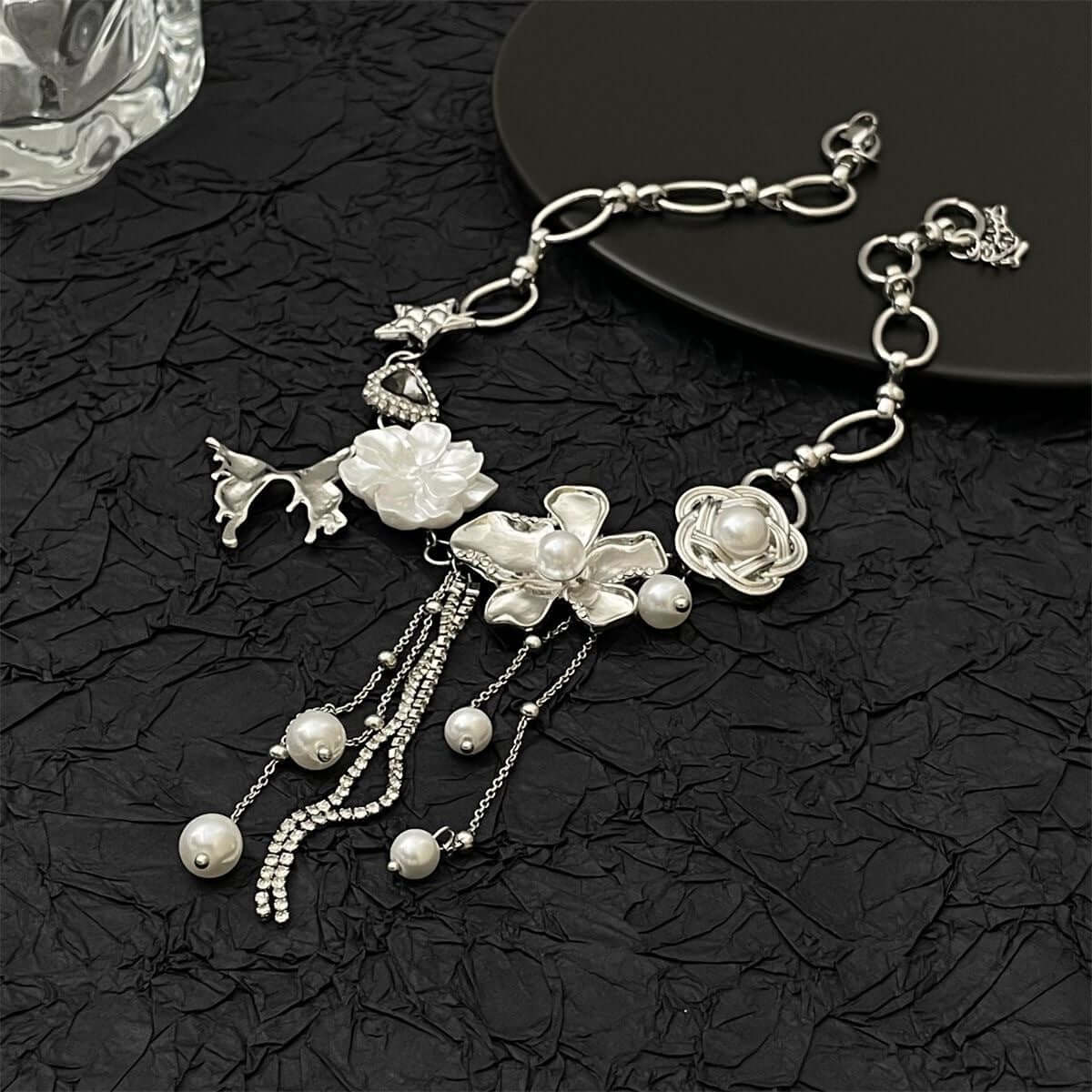 Silver Flower Pearl Tassel Necklace