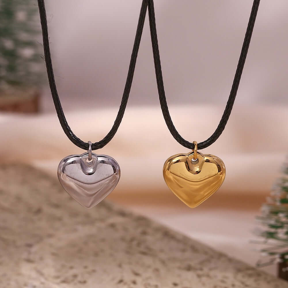 Silver Gold Couple Heart Black Necklace