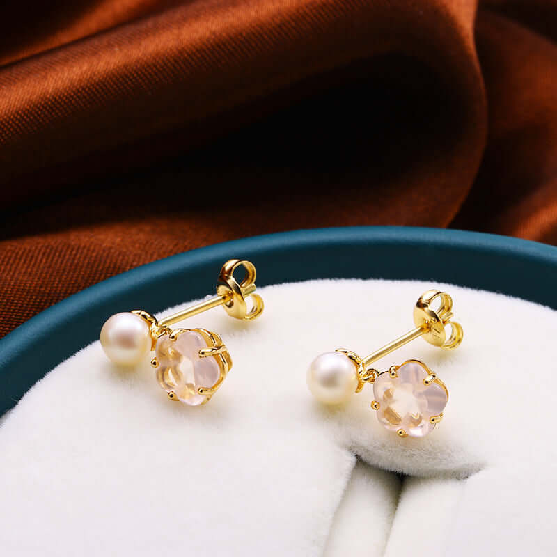 Silver Gold Flower Quartz Pearl Earrings